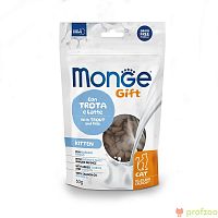 Изображение Monge Gift Kitten "Хрустящие подушечки с начинкой" с форелью и молоком для котят 60г от магазина Profzoo