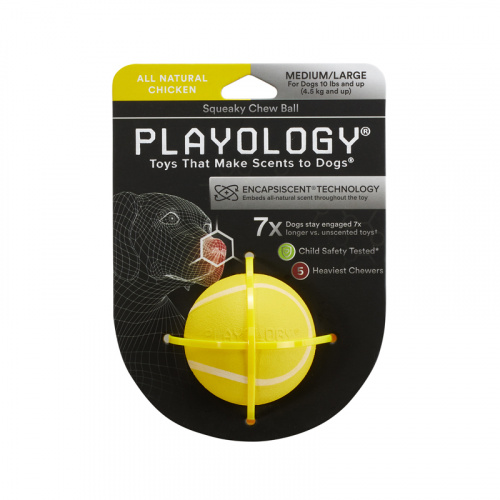 Изображение Playology игр. Жевательный мяч Squeaky Chew Ball 6см с пищалкой с ароматом курицы желтый для собак от магазина Profzoo